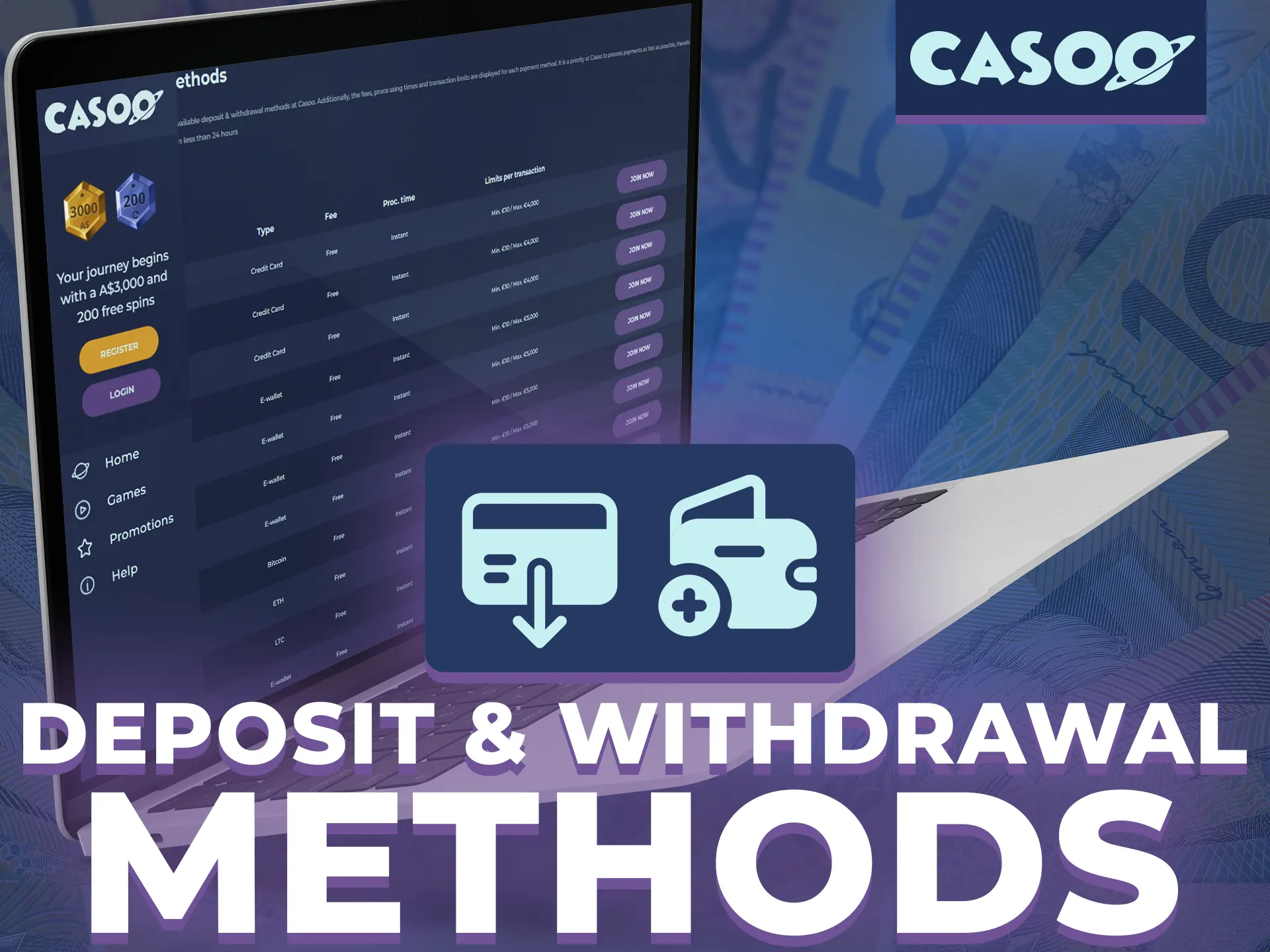 Casoo offers a variety of deposit and withdrawal methods.