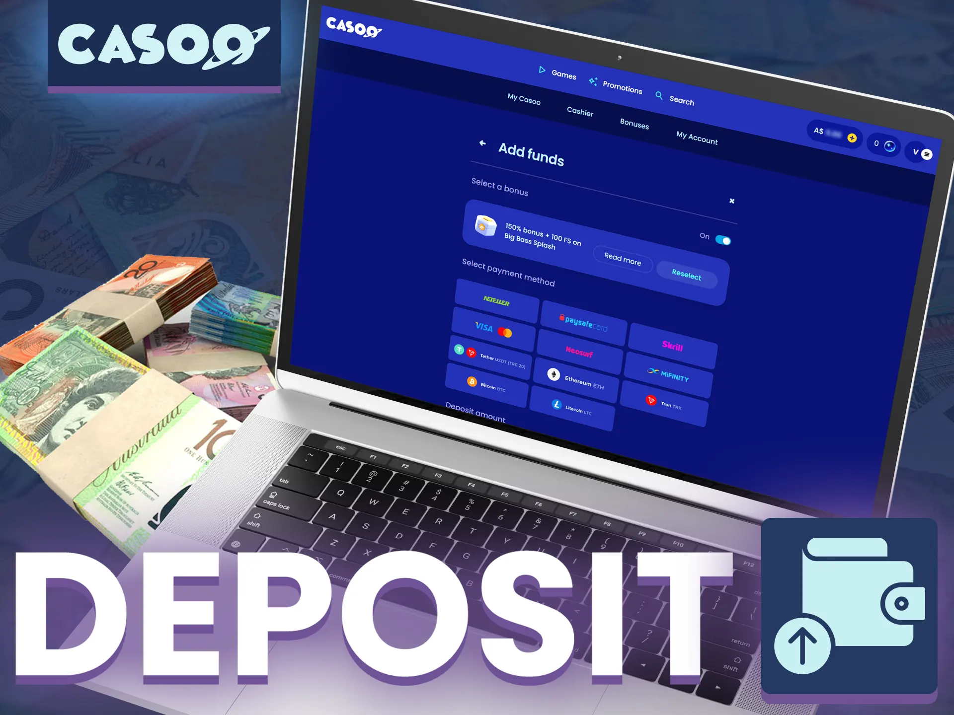 Use the instructions to make your first deposit at Casoo.